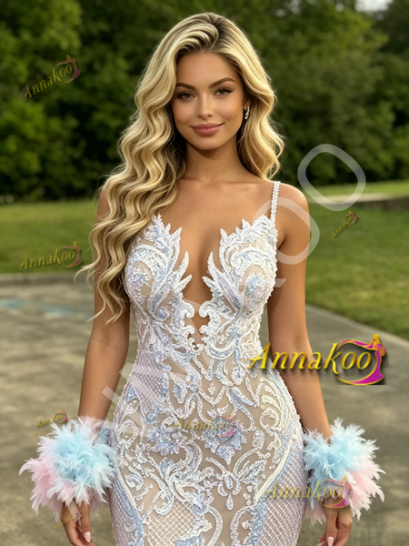 Shop 2026 ANNAKOO Sequin Spaghetti Straps White Feather Trumpet Mermaid Prom Dress Under 339