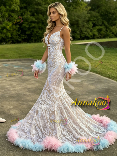 Shop 2026 ANNAKOO Sequin Spaghetti Straps White Feather Trumpet Mermaid Prom Dress Under 339