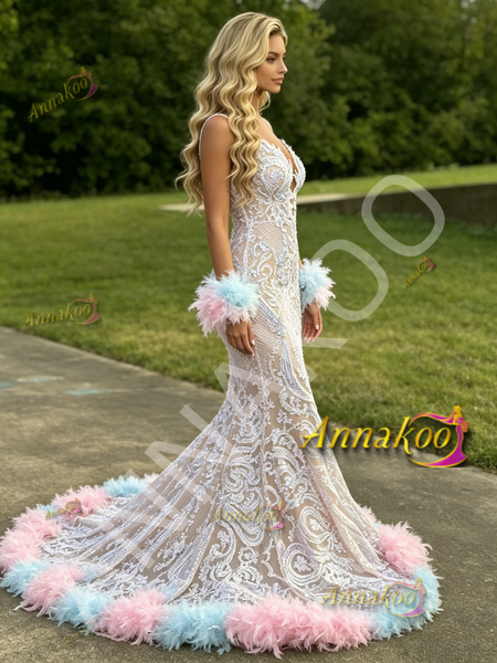 Shop 2026 ANNAKOO Sequin Spaghetti Straps White Feather Trumpet Mermaid Prom Dress Under 339