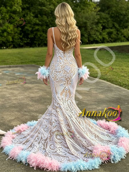 Shop 2026 ANNAKOO Sequin Spaghetti Straps White Feather Trumpet Mermaid Prom Dress Under 339
