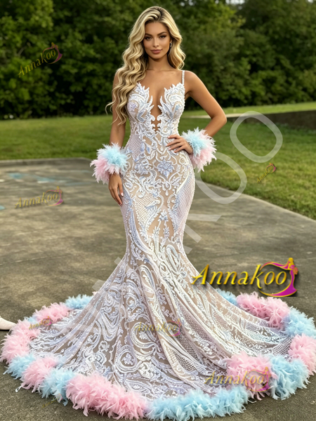 Shop 2026 ANNAKOO Sequin Spaghetti Straps White Feather Trumpet Mermaid Prom Dress Under 339