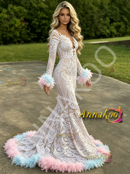 Shop 2026 Annakoo V Neck Long Sleeve Sequin Feather Trumpet Mermaid Prom Dress Under 349