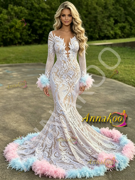Shop 2026 Annakoo V Neck Long Sleeve Sequin Feather Trumpet Mermaid Prom Dress Under 349