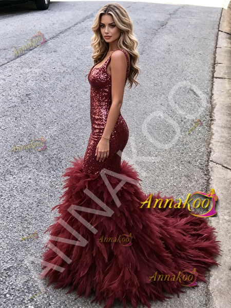 Shop 2026 ANNAKOO Burgundy Straps Trumpet Mermaid Sequin Ruffles Prom Dress Under 259