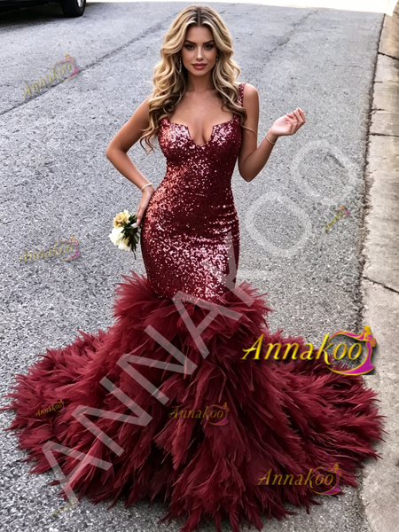 Shop 2026 ANNAKOO Burgundy Straps Trumpet Mermaid Sequin Ruffles Prom Dress Under 259