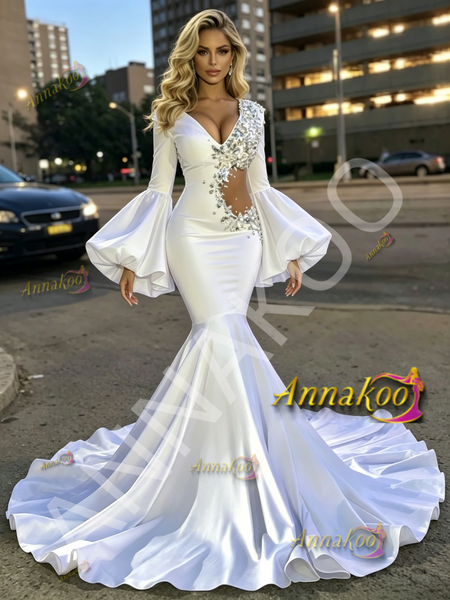 Shop 2026 ANNAKOO White Cut Out Beading Trumpet Mermaid Long Sleeve Prom Dress Under 299