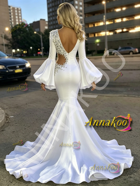 Shop 2026 ANNAKOO White Cut Out Beading Trumpet Mermaid Long Sleeve Prom Dress Under 299