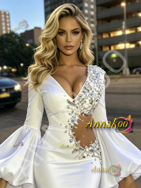 Shop 2026 ANNAKOO White Cut Out Beading Trumpet Mermaid Long Sleeve Prom Dress Under 299