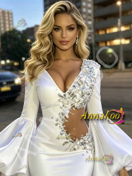 Shop 2026 ANNAKOO White Cut Out Beading Trumpet Mermaid Long Sleeve Prom Dress Under 299