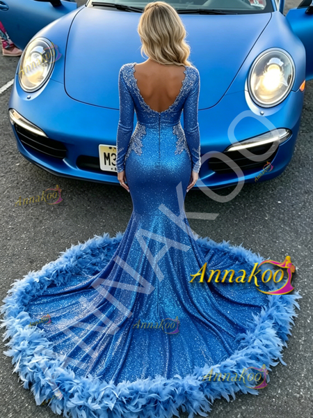 Royal Blue V Neck Long Sleeve Sequin Feather Mermaid Prom Dress