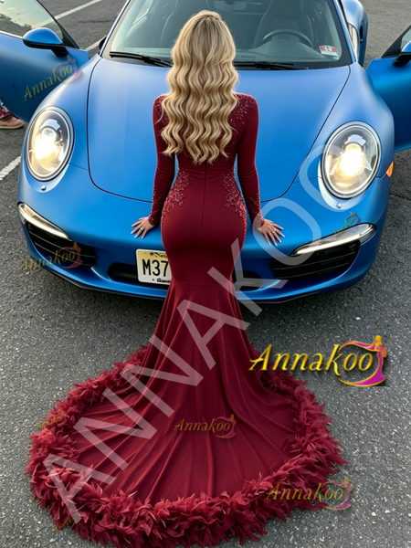 Shop 2026 ANNAKOO Burgundy Velvet  V Neck Trumpet Mermaid Long Sleeve Appliques Feather Prom Dress Under 378
