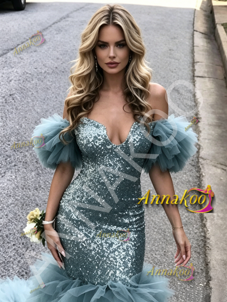 Shop 2026 ANNAKOO Blue Off The Shoulder Ruffles Trumpet Mermaid Prom Dress Under 289