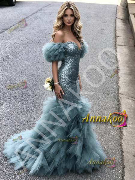 Shop 2026 ANNAKOO Blue Off The Shoulder Ruffles Trumpet Mermaid Prom Dress Under 289