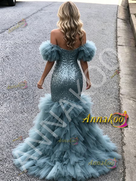 Shop 2026 ANNAKOO Blue Off The Shoulder Ruffles Trumpet Mermaid Prom Dress Under 289