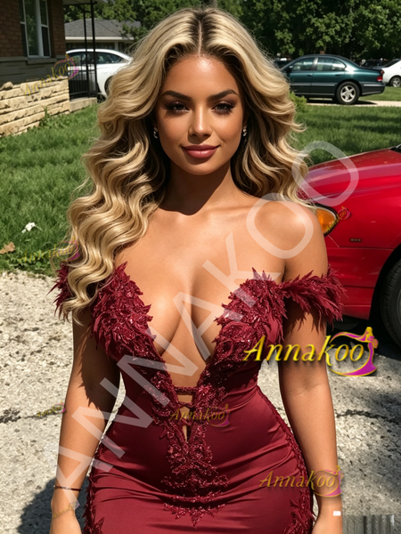 Shop 2026 ANNAKOO Feather Off The Shoulder Mermaid Burgundy Spandex Prom Dress Under 379