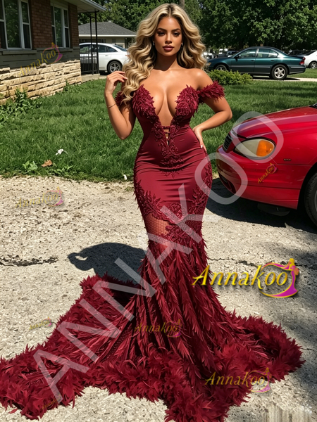 Shop 2026 ANNAKOO Feather Off The Shoulder Mermaid Burgundy Spandex Prom Dress Under 379