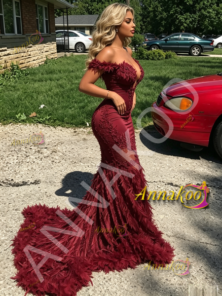 Shop 2026 ANNAKOO Feather Off The Shoulder Mermaid Burgundy Spandex Prom Dress Under 379