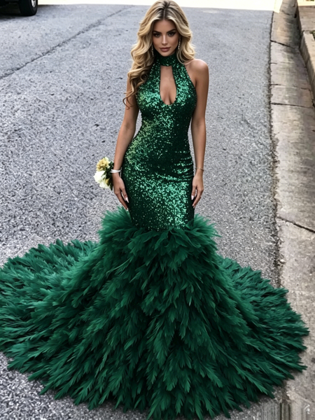 Shop 2026 ANNAKOO Dark Green Halter Trumpet Mermaid Ruffles Sequin Prom Dress Under 289