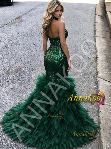 Shop 2026 ANNAKOO Dark Green Halter Trumpet Mermaid Ruffles Sequin Prom Dress Under 289