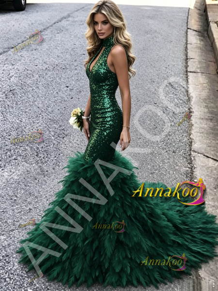 Shop 2026 ANNAKOO Dark Green Halter Trumpet Mermaid Ruffles Sequin Prom Dress Under 289