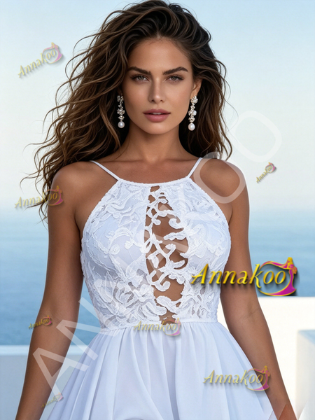 A-Line Halter Backless Lace Chiffon Wedding Dress Sweep Train 