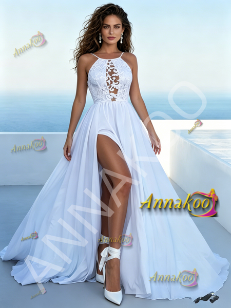 halter neck wedding dress with split front
