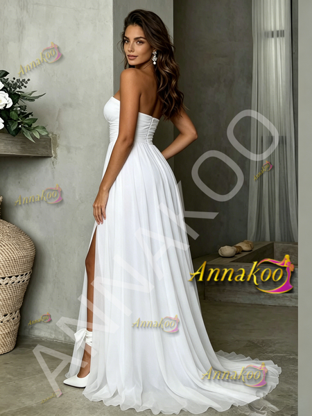 strapless wedding gown with slit and ruching