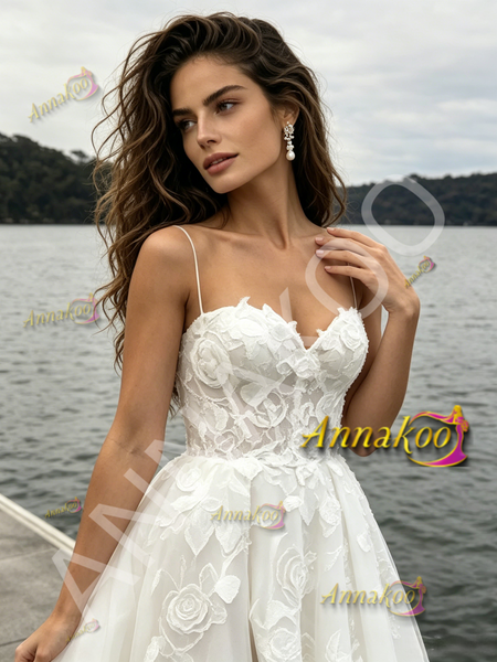 Shop 2026 ANNAKOO Spaghetti Straps Tulle A Line Appliques Wedding Dress With Slit Under 259