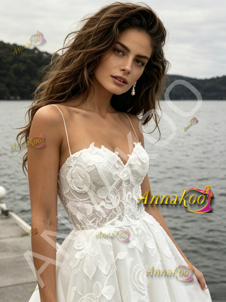 Shop 2026 ANNAKOO Spaghetti Straps Tulle A Line Appliques Wedding Dress With Slit Under 259