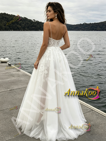 Shop 2026 ANNAKOO Spaghetti Straps Tulle A Line Appliques Wedding Dress With Slit Under 259