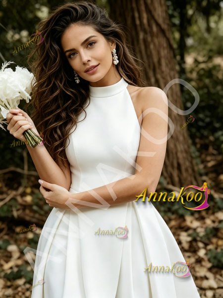 Shop 2026 ANNAKOO Halter Satin A Line High Low Wedding Dress With Slit Under 179