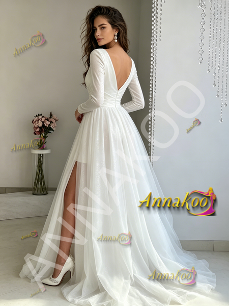 Shop 2026 ANNAKOO V Neck Tulle Long Sleeve Ruched A Line Wedding Dress With Slit Under 179