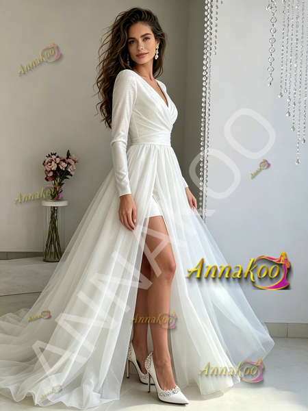 Shop 2026 ANNAKOO V Neck Tulle Long Sleeve Ruched A Line Wedding Dress With Slit Under 179