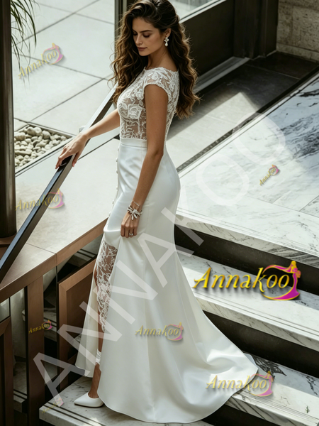 Shop 2026 ANNAKOO Scoop Lace Sheath Column Tulle Wedding Dress With Slit Under 239