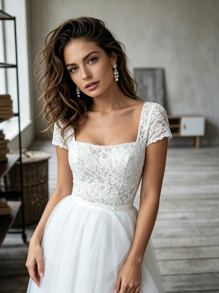 Shop 2026 ANNAKOO Cap Sleeve Square Lace & Tulle  A Line Wedding Dress With Slit Under 189