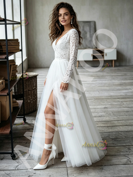 Shop 2026 ANNAKOO Long Sleeve V Neck Lace Tulle A Line Wedding Dress Under 189