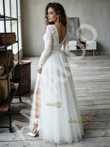 Long Sleeve V Neck Lace Tulle A Line Wedding Dress