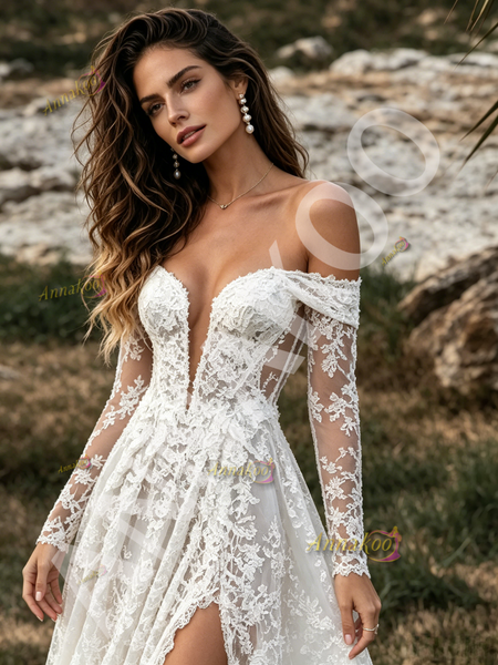 Shop 2026 ANNAKOO Off The Shoulder Lace A Line Wedding Dress With Slit Under 239