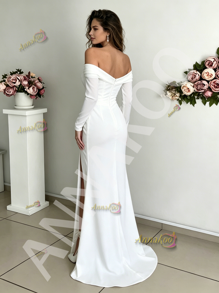 Shop 2026 ANNAKOO Off The Shoulder Long Sleeves Satin Sheath Column Wedding Dress With Slit Under 189