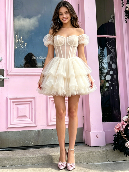 Shop 2026 ANNAKOO White Puffy Sleeve Short Mini Tulle Homecoming Dress Under 119