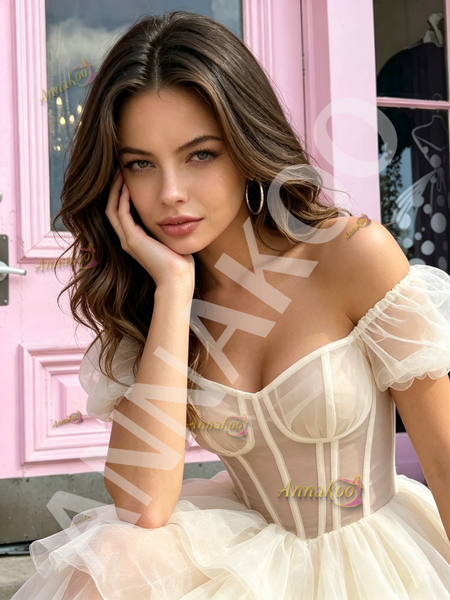 Shop 2026 ANNAKOO White Puffy Sleeve Short Mini Tulle Homecoming Dress Under 119