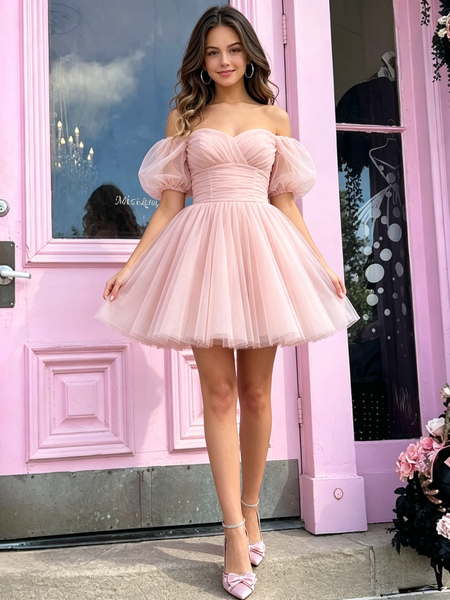 Shop 2026 ANNAKOO Tulle Off The Shoulder Blush Pink Short Mini Homecoming Dress Under 119