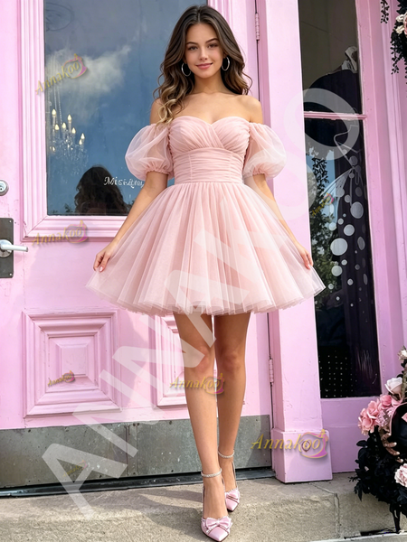 Shop 2026 ANNAKOO Tulle Off The Shoulder Blush Pink Short Mini Homecoming Dress Under 119