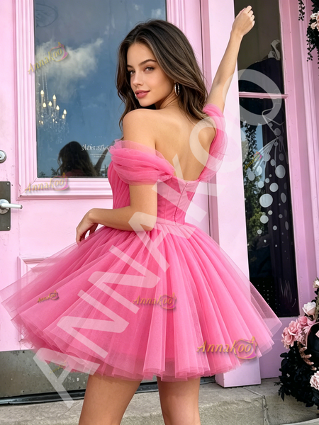 Shop 2026 ANNAKOO Fuchsia Tulle A Line Off The Shoulder Homecoming Dress Under 129