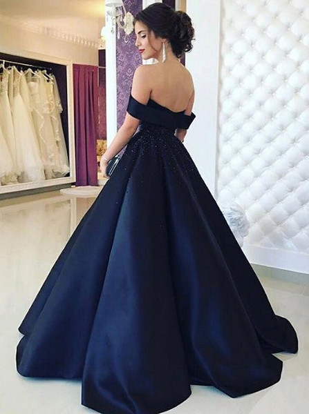 Beading A-Line Off-the-Shoulder Pleated Navy Blue Satin Prom Dress