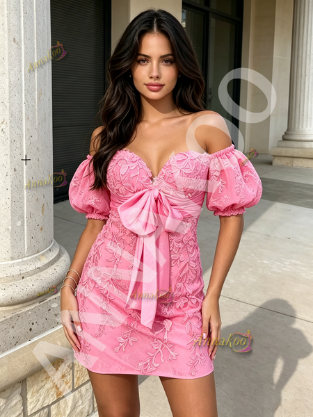 Shop 2026 ANNAKOO Pink Puffy Sleeves Sheath Column Lace Homecoming Dress Under 138