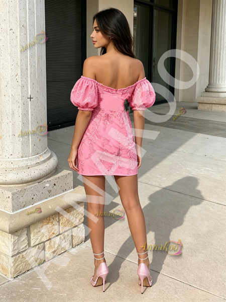 Shop 2026 ANNAKOO Pink Puffy Sleeves Sheath Column Lace Homecoming Dress Under 138