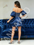 Shop 2026 ANNAKOO Navy Blue Puffy Sleeve Satin Beading Homecoming Dress Under 159