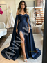 Shop 2026 ANNAKOO Navy A Line Off The Shoulder Satin Prom Dress With Cape Under 169