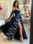 Shop 2026 ANNAKOO Navy A Line Off The Shoulder Satin Prom Dress With Cape Under 169